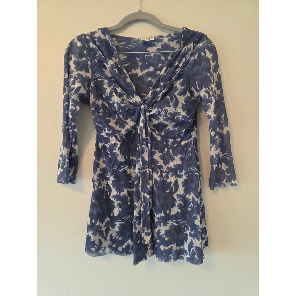 Johnny Heaven Blue Floral Mesh Tie Front Top Fairy Grunge Sheer Babydoll L